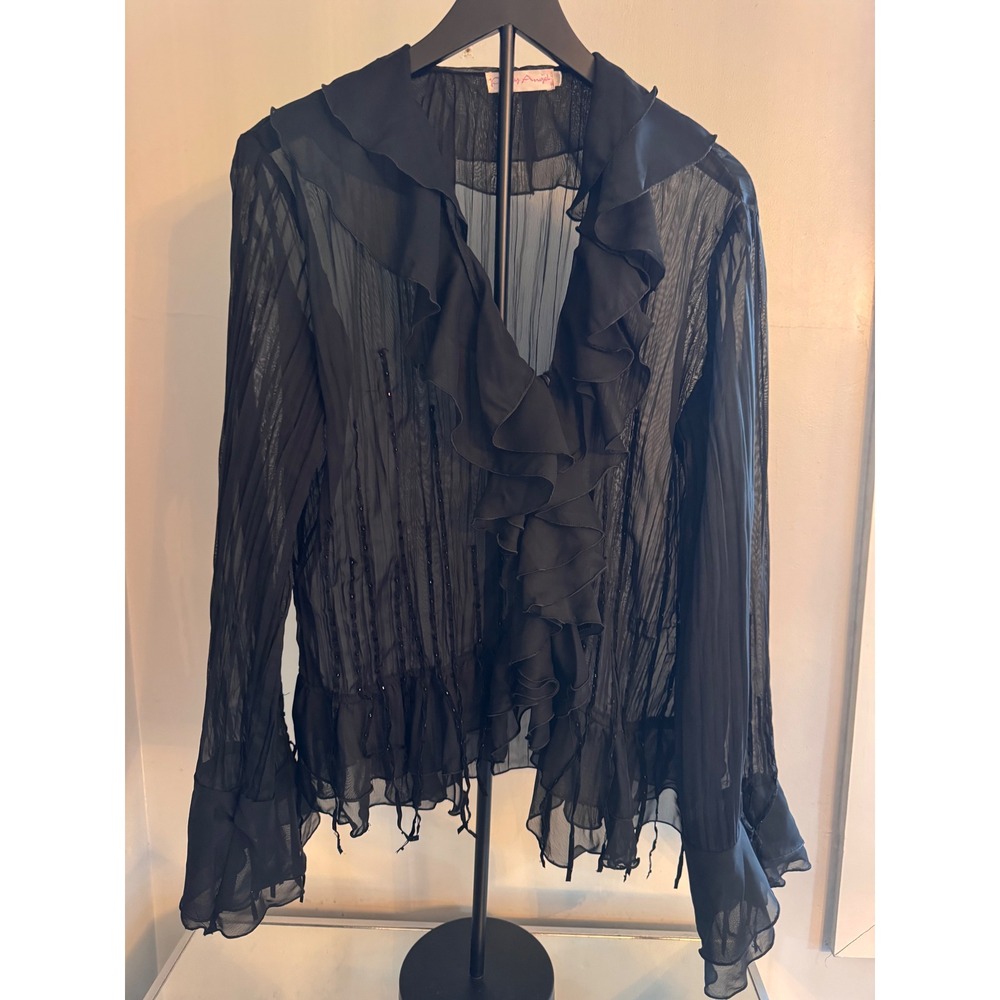 Pretty Angel Black Sheer Beaded Ruffle Blouse Romantic Gothic Chiffon Top L